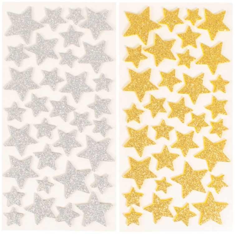 Klistermärken Stjärnor glittriga Guld & Silver 15-34mm 132st Playbox