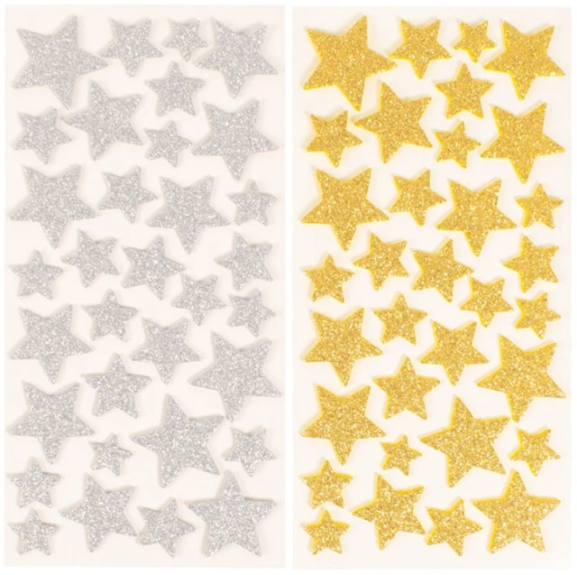 Klistermärken Stjärnor glittriga Guld & Silver 15-34mm 132st Playbox