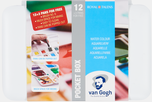Van Gogh Akvarellfärg Pocket Box "Basic Colours" halvkopp 12 kulörer + 3 extra kulörer