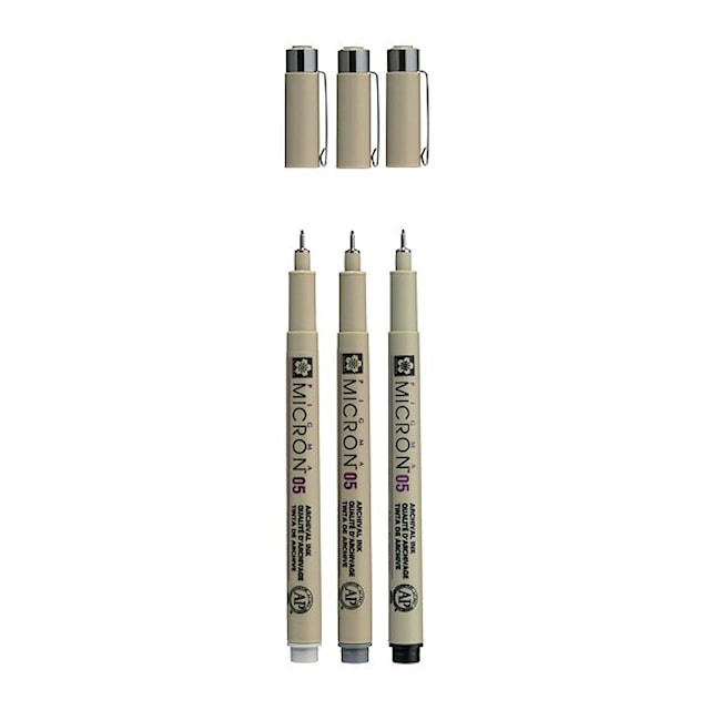 Tuotekuva 3 - Sakura Pigma Micron 05 fineliner musta ja harmaa 3-setti
