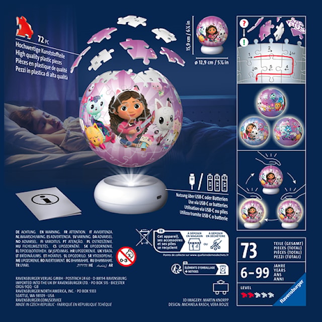 Produktbild 5 för Puzzle-Ball Nightlight Gabby's Dollhouse 3D-Pussel 72 Bitar Ravensburger