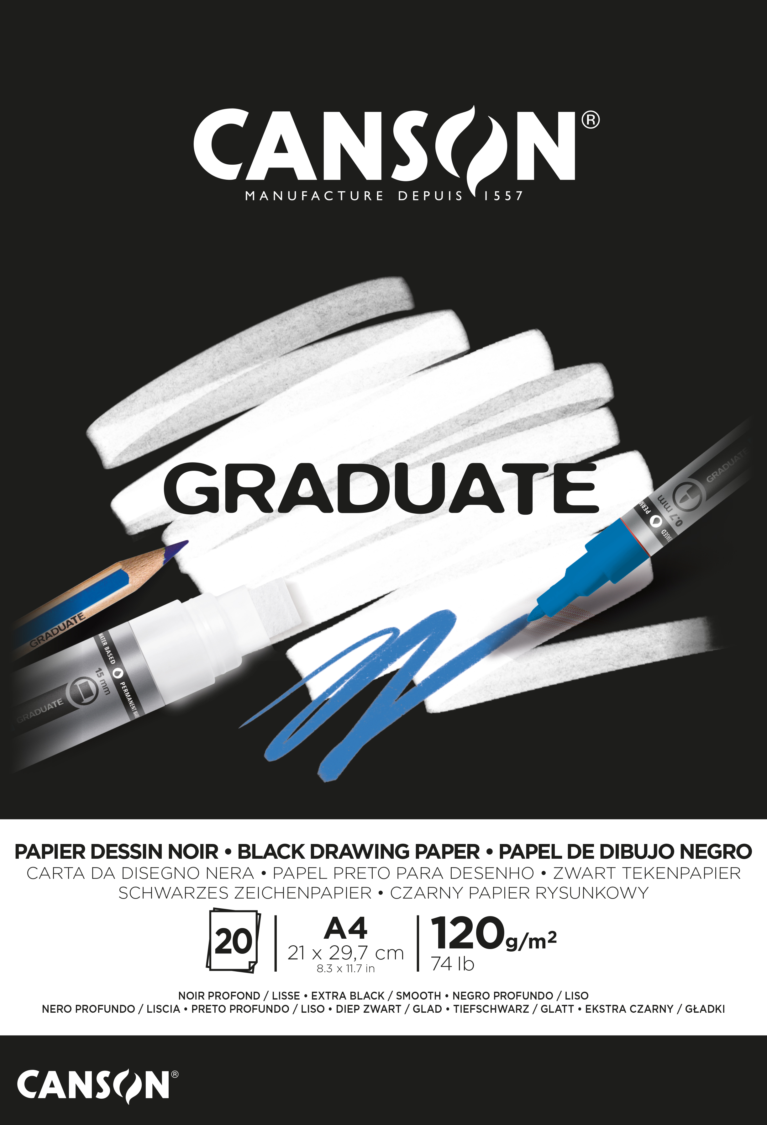 Ritpapper A4 block Svart, 20 ark 120g, Canson Graduate