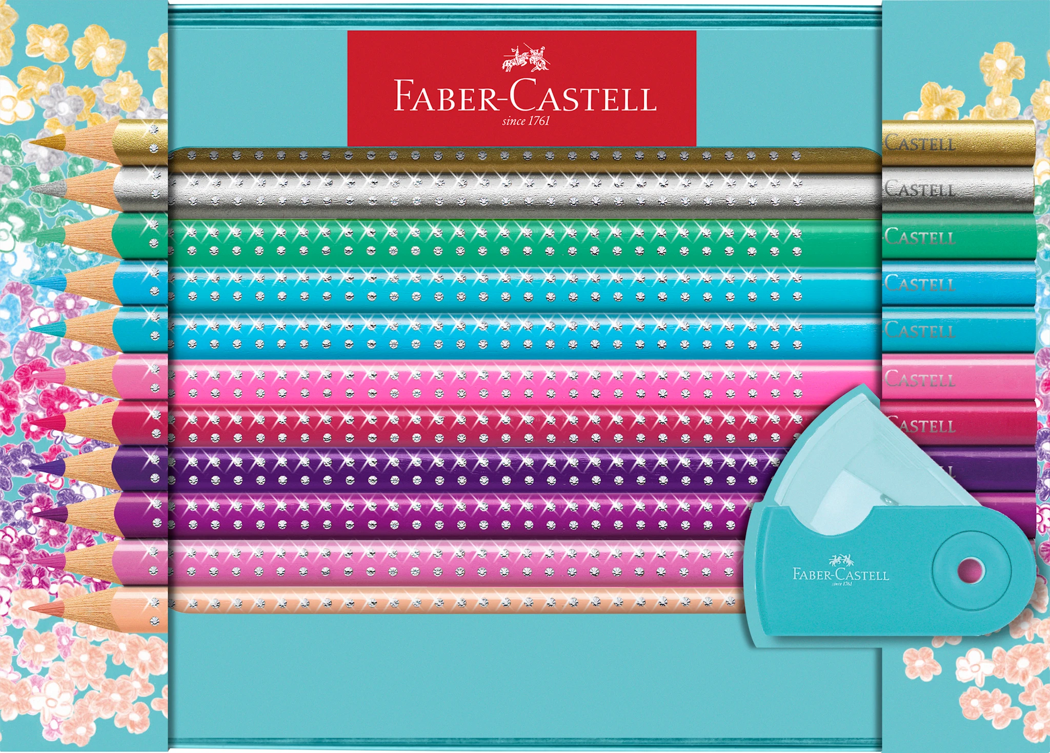 Produktbilde for Fargeblyanter Sparkle i metalletui 20 stk. + blyantspisser Faber-Castell