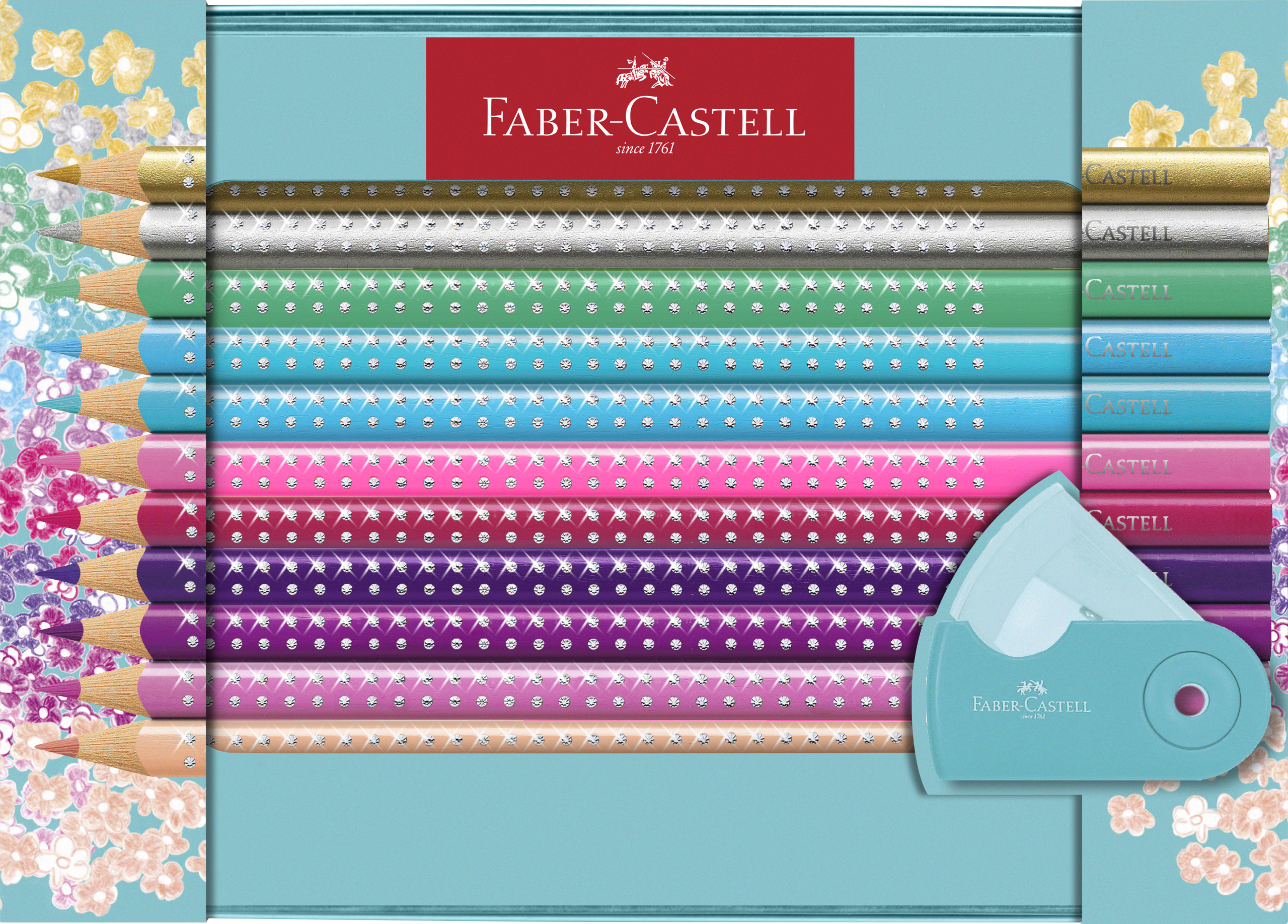 Färgpennor Sparkle Metalletui med vässare, 20-p FSC, Faber-Castell