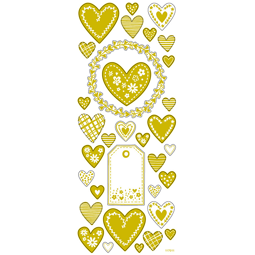 Stickers, hjärtan, ark 10x24 cm, ca. 33 st., guld, 1 ark