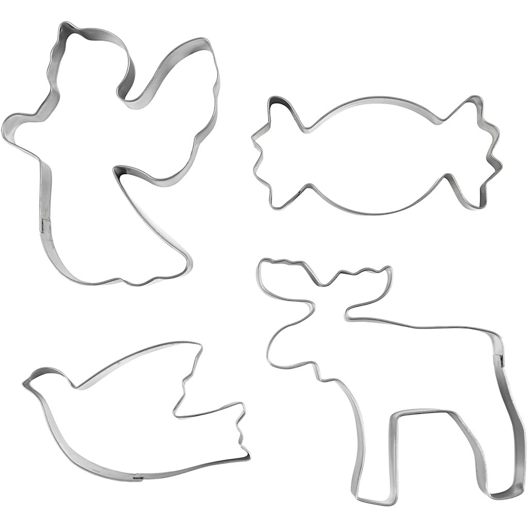 Produktbilde for Utstikksformer, Engel, reinsdyr, due, godteri, H: 2 cm, str. 4,5-9 cm, metallsølv, 4 stk./ 1 pk.