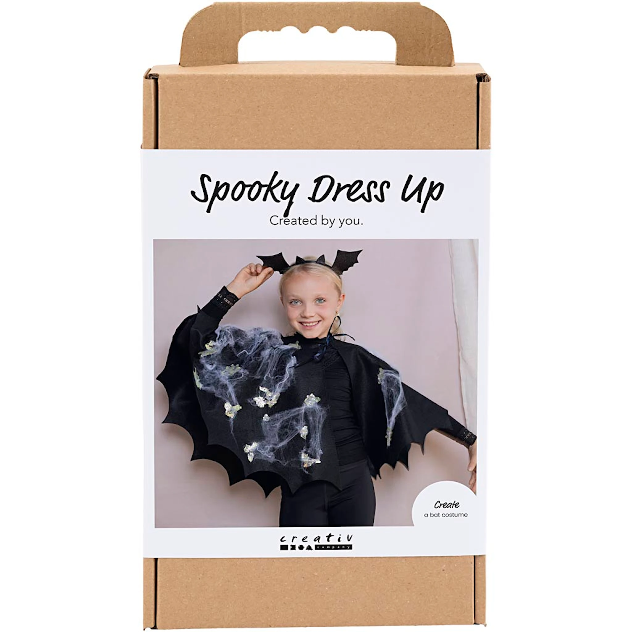 Produktbilde for DIY Kit Skummelt Kostyme, Flaggermuskappe og hårbøyle, svart, svart glitter, 1 pk.