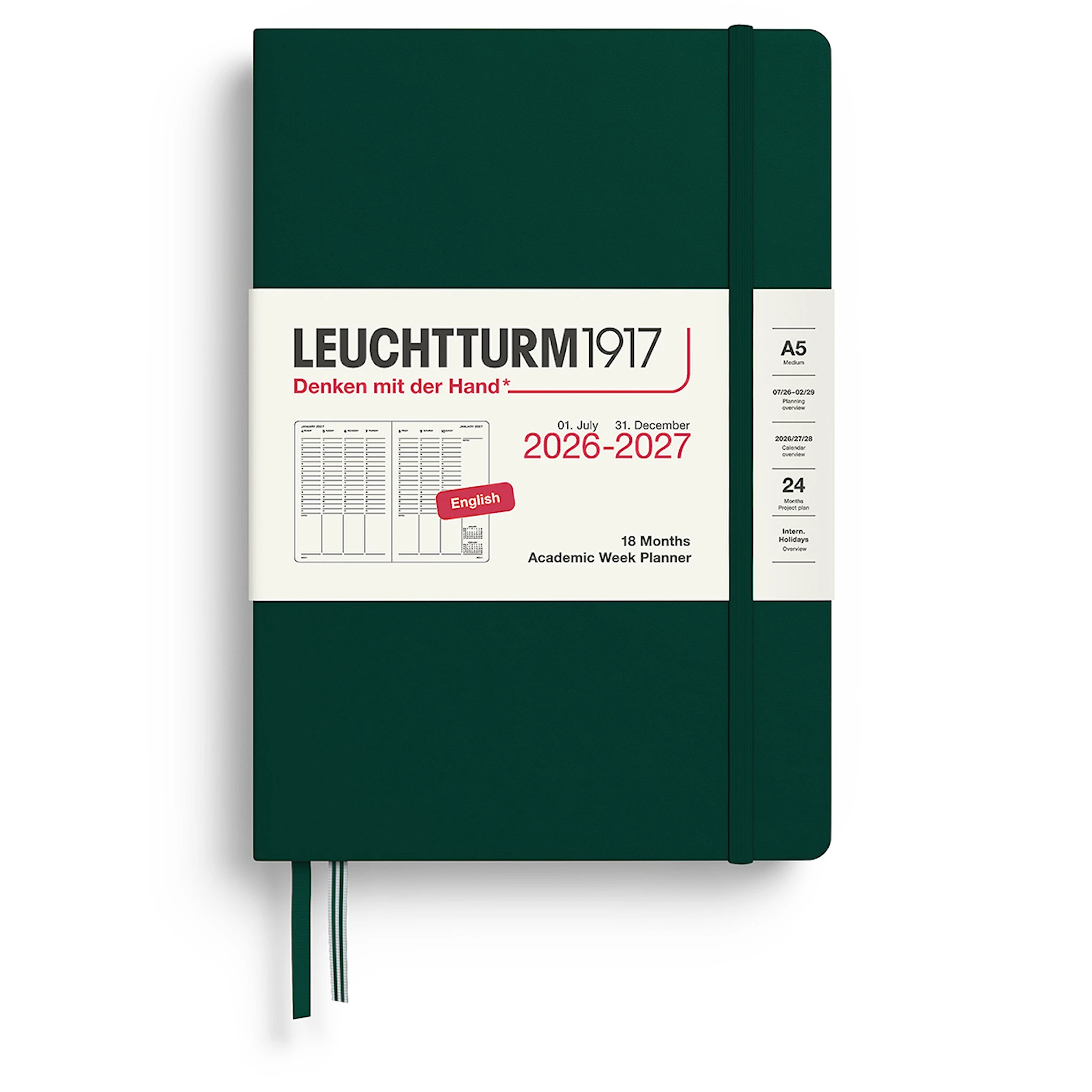 Tuotekuva ille Week Planner 18m 26-27 A5 Forest Green Leuchtturm1917