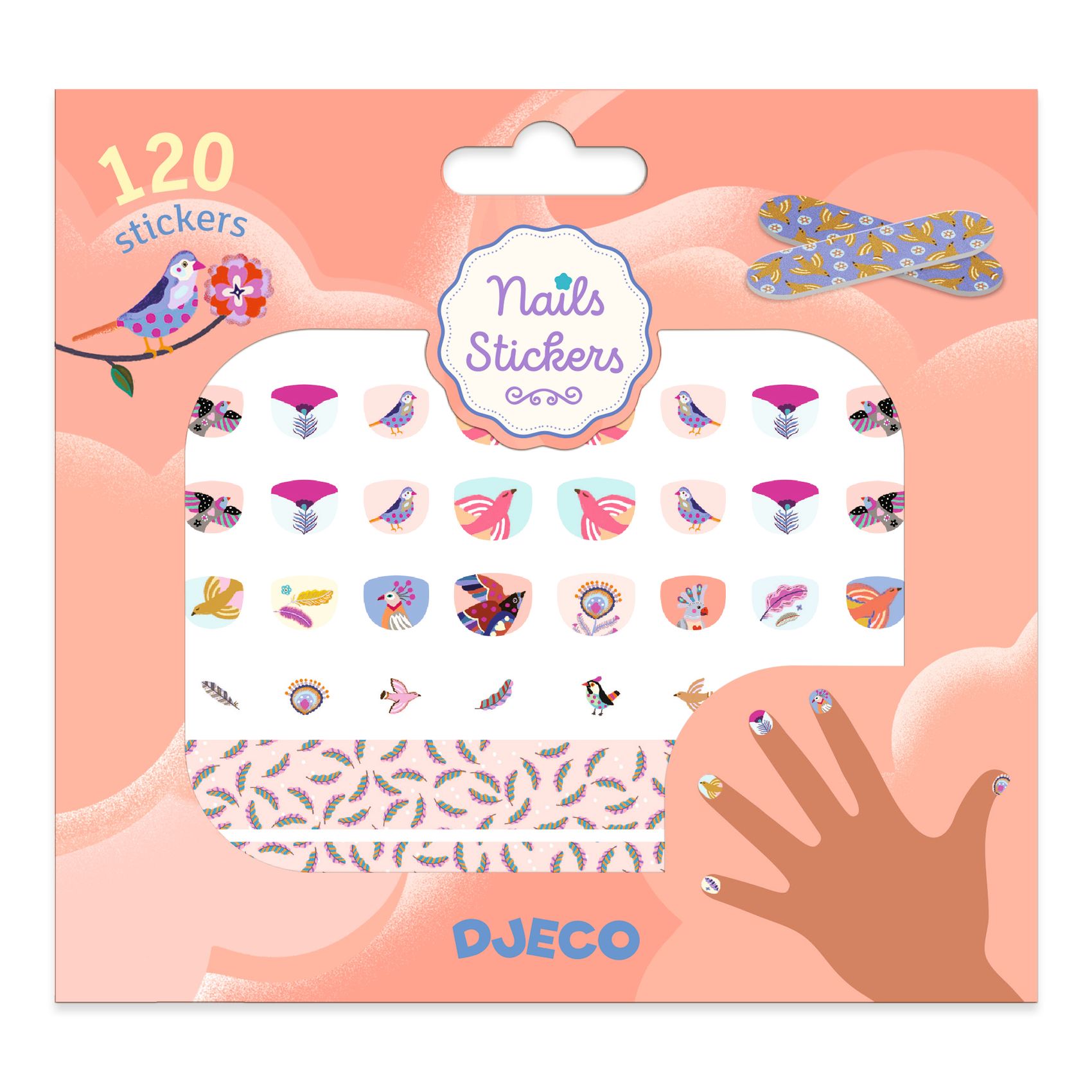 Nagelstickers Fåglar & Fjädrar 120 Klistermärken & 6 Mönster-remsor Djeco