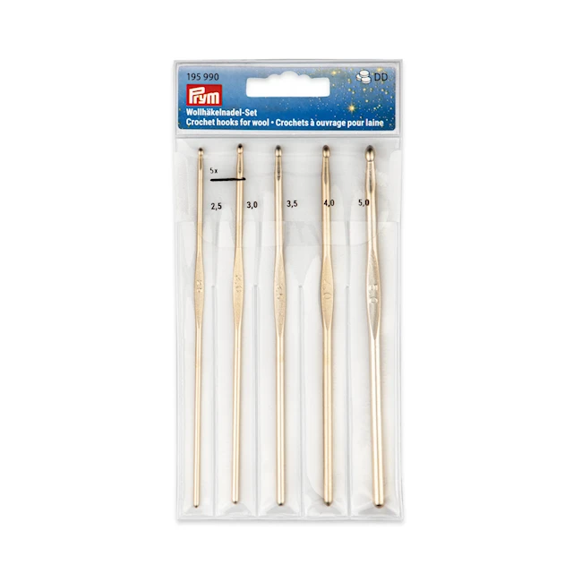 Virknåls set för ull, 14 cm, 2,50–5,00 mm, guldfärgade, Prym