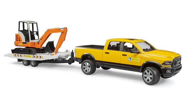 RAM 2500 Power Wagon perävaunulla ja minikaivurilla Bruder