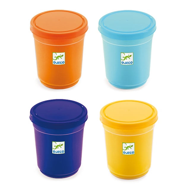 Produktbild 1 för Lera Extramjuk 4 Burkar Gul Ljusblå Lila Orange Djeco