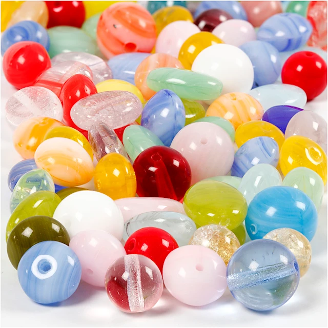 Glaspärlor, rund, oval, rund/platt, Dia. 6-13 mm, Hålstl. 0,5-1,5 mm, mixade färger, 60 g/ 1 förp.