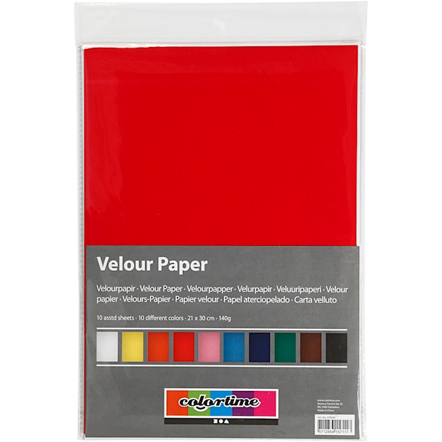 Tuotekuva 1 - Veluuripaperi, A4, arkki 210x297 mm, 140 g, värilajitelma, 10 ark/ 1 pkt
