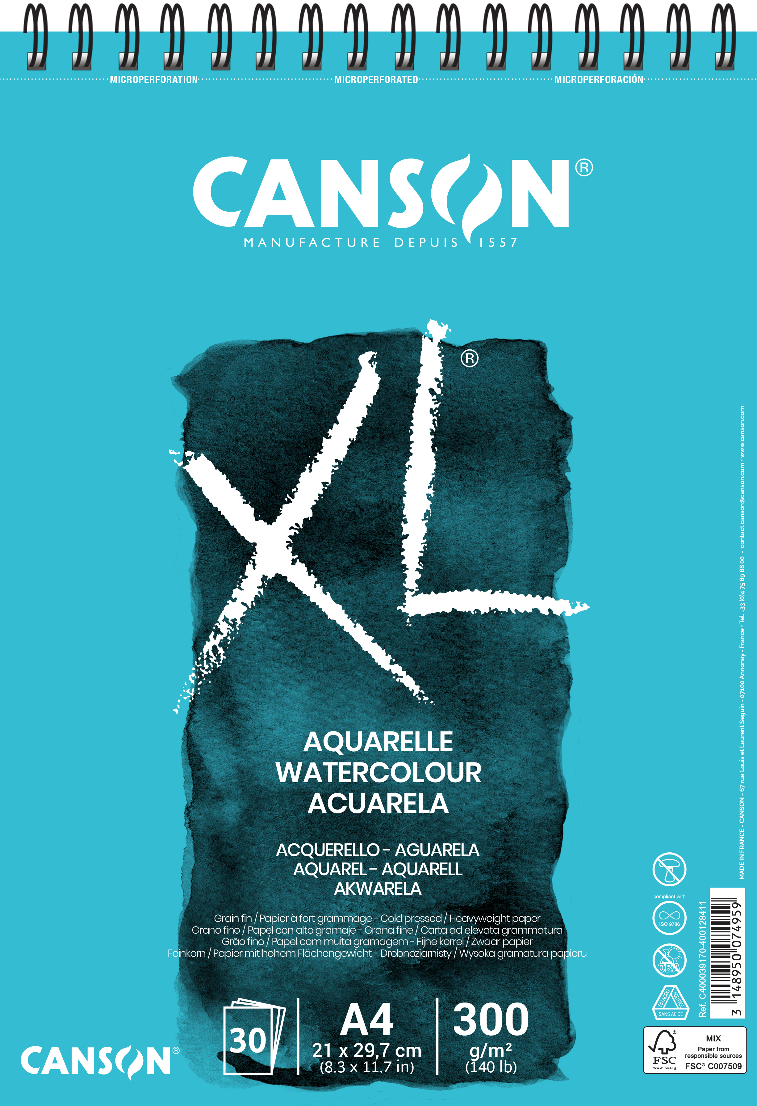 Akvarellblock XL Aquarelle A4 30 ark 300g Canson