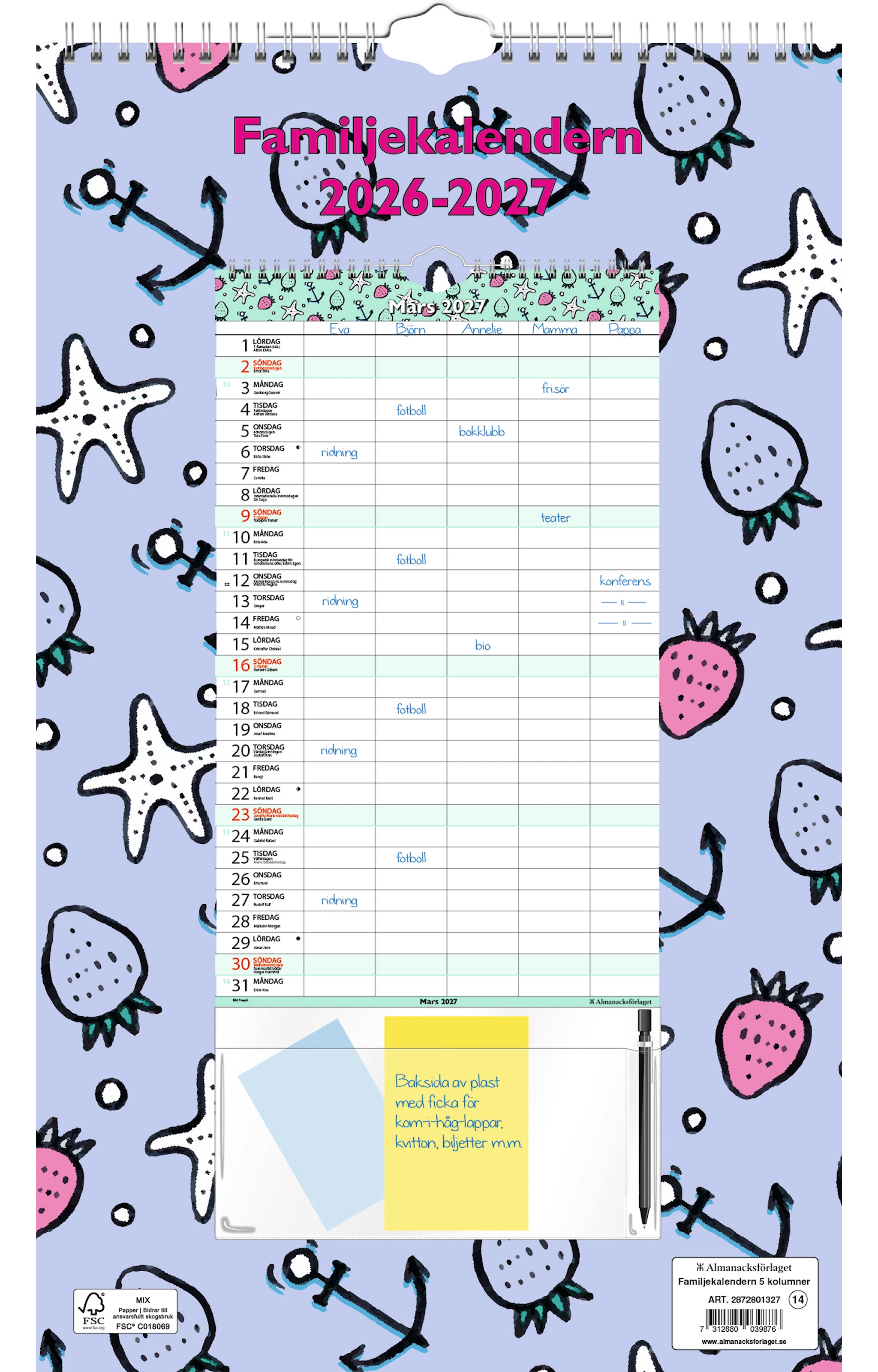 Produktbild för Väggkalender Familjekalendern 5 kolumner 12 månader (läsåret)26-27 Almanacksförlaget