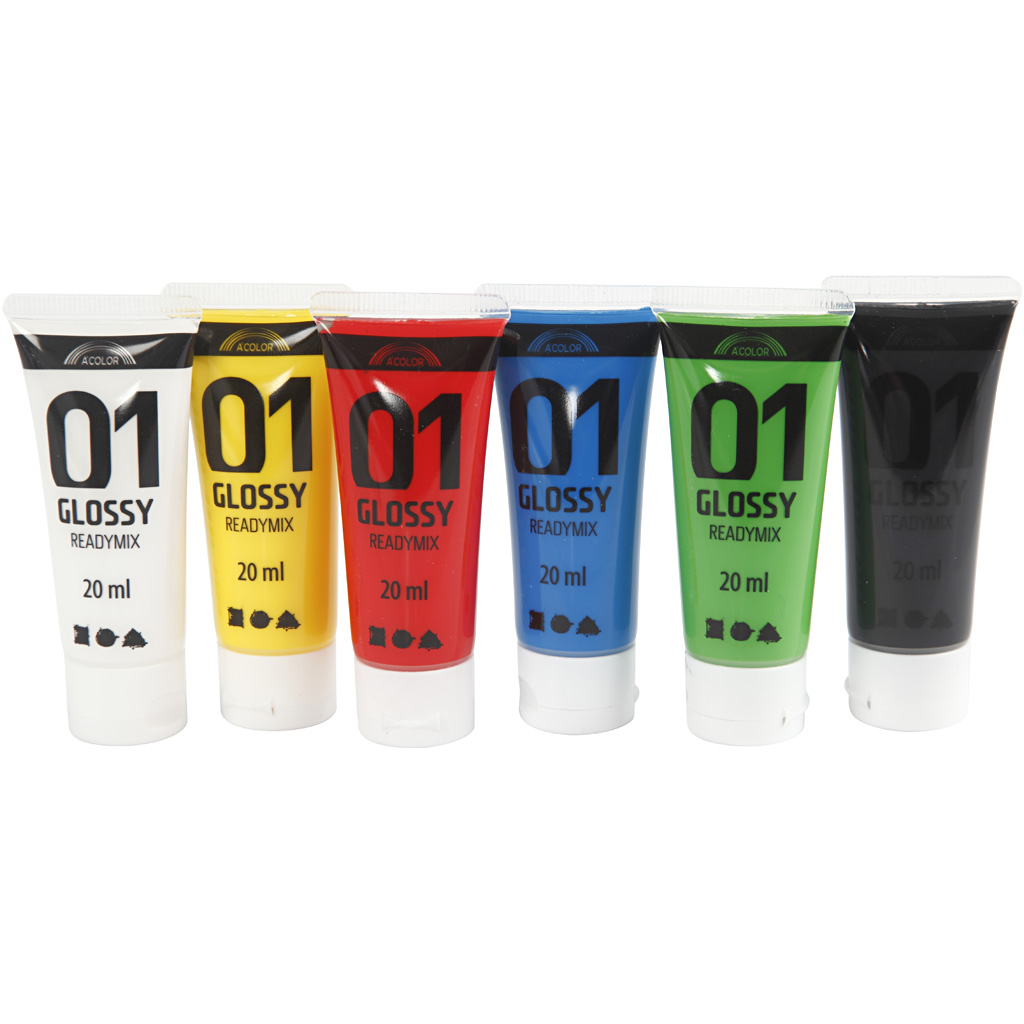 Akryylimaali Kiiltävä, perusvärilajitelma, 6x20 ml/ 1 pkt