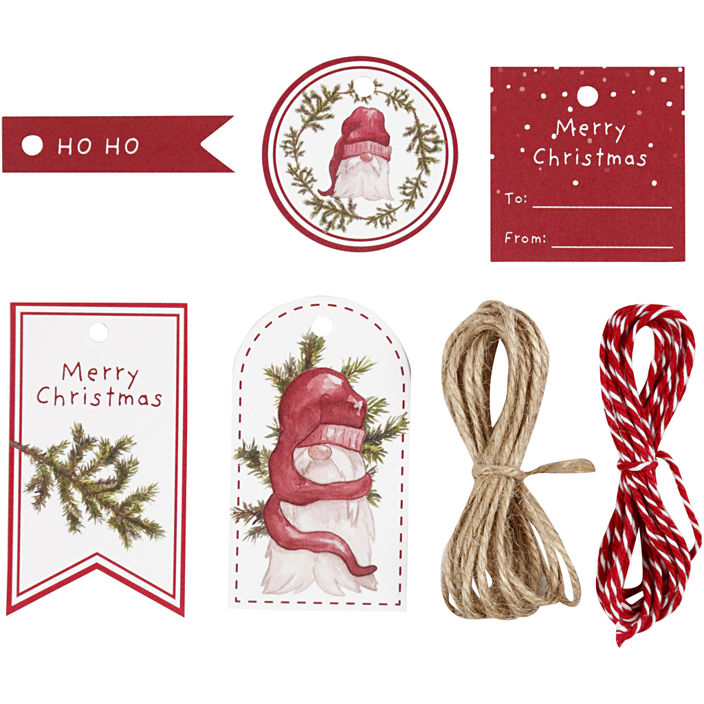 Juletiketter 5 olika och julsnöre 2 x 3 m