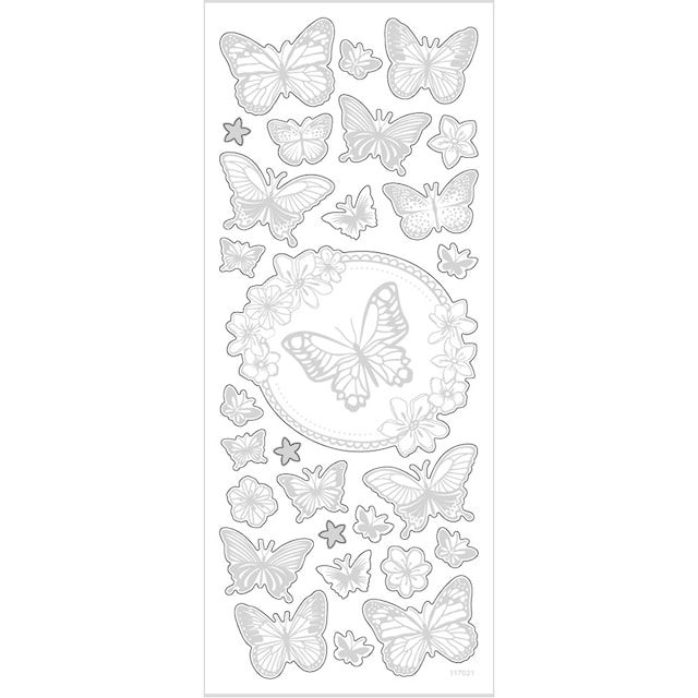 Tuotekuva 4 - Tarrat, perhoset, arkki 10x24 cm, ca. 28 kpl, hopea, 1 ark