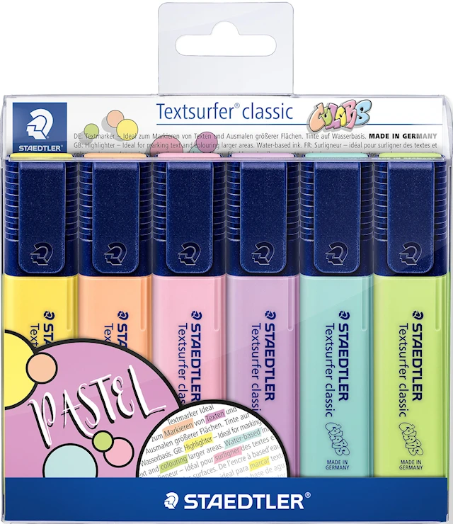 Staedtler Textsurfer® classic pastel -korostuskynä 6 kpl:n rasiassa, kuitukärjen leveys 1–5 mm, pastellivärit