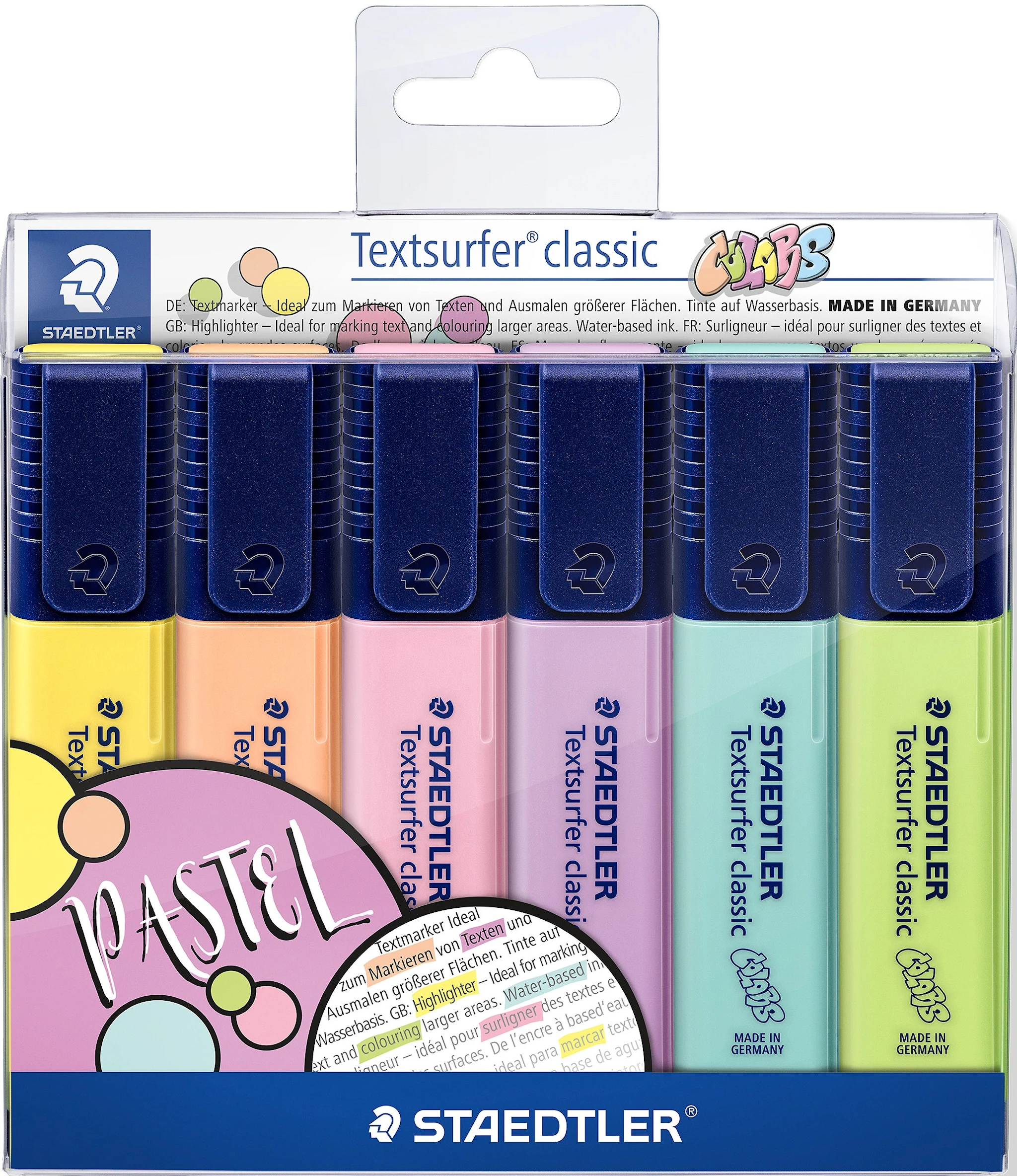 Tuotekuva ille Staedtler Textsurfer® classic pastel -korostuskynä 6 kpl:n rasiassa, kuitukärjen leveys 1–5 mm, pastellivärit