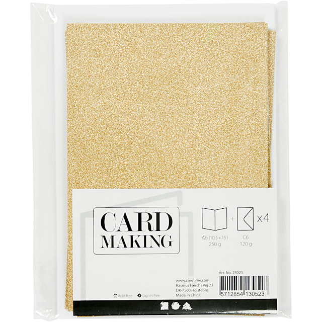 Produktbilde 3 for Kort og konvolutter, kort str. 10,5x15 cm, konvolutt str. 11,5x16,5 cm, glitter, 120+250 g, gull, 4 sett/ 1 pk.