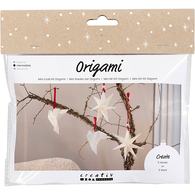 Tuotekuva 1 - Askartelusetti Mini Origami, Kyyhkyset/tähdet, tummanpunainen, luonnonvalkonen, 1 pkk/ 1 pkt