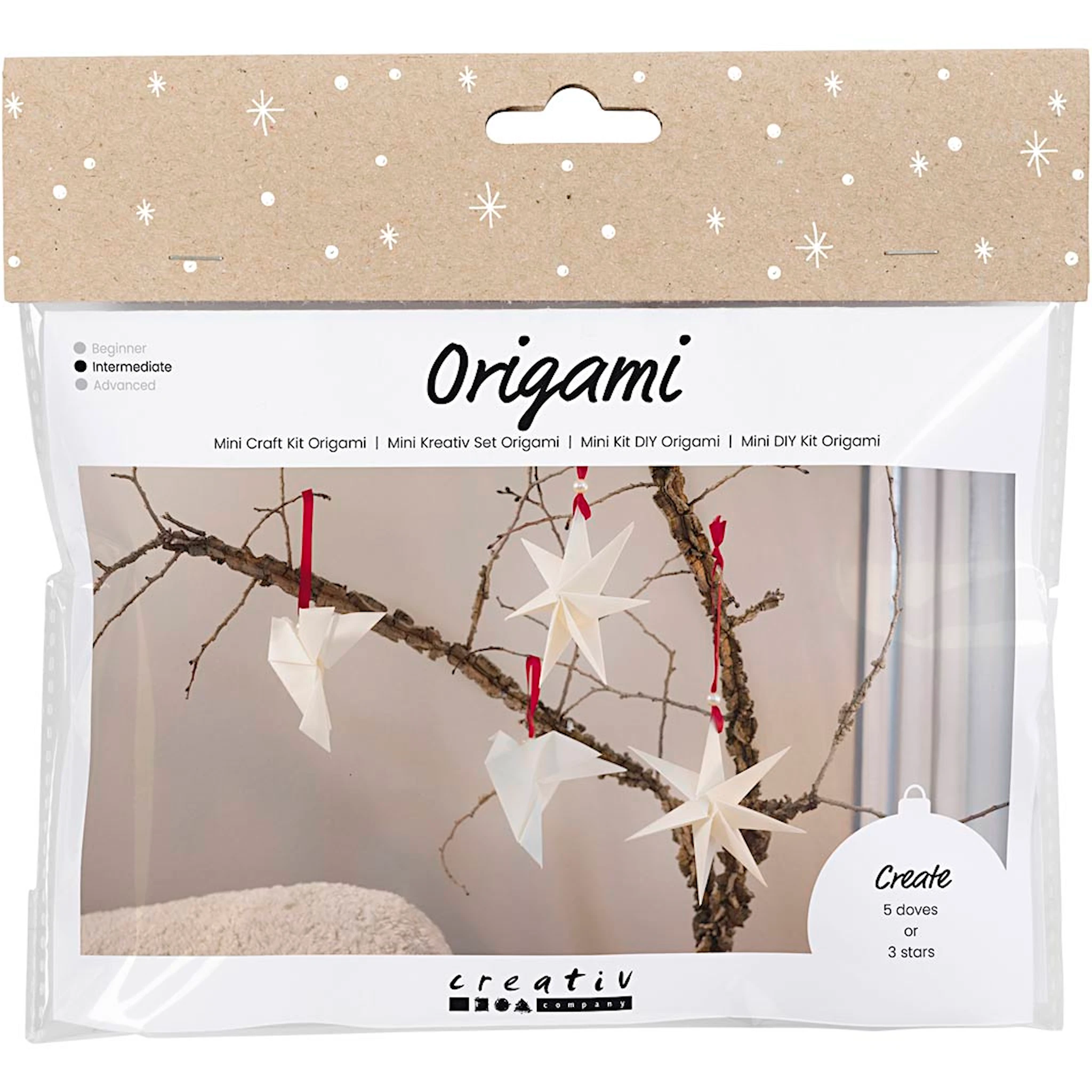 Produktbilde for Mini DIY Kit origami, Duer/stjerner, mørk rød, råhvit, 1 pk.