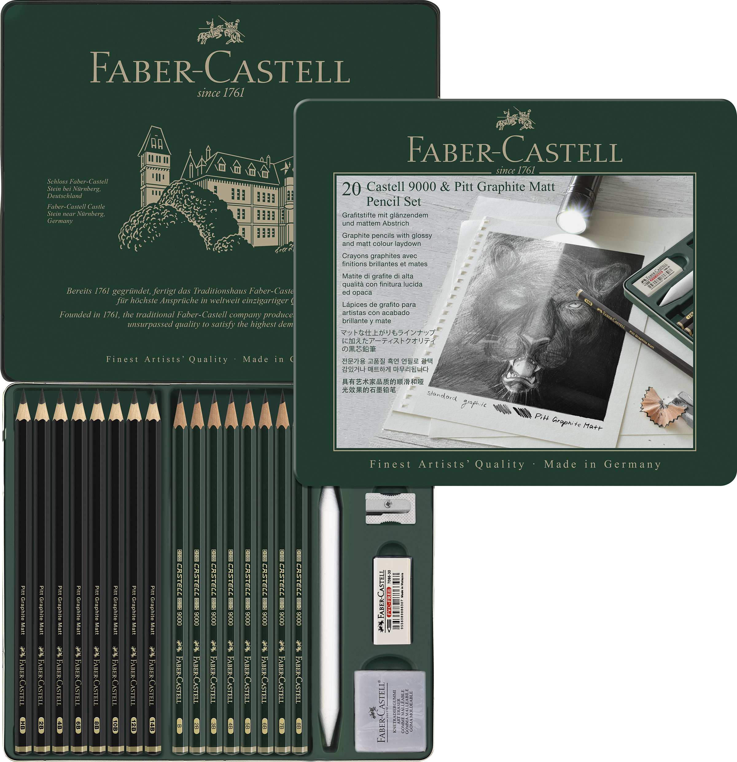 Set med Pitt Graphite Matt + Castell 9000 med tillbehör 20 delar Faber Castell