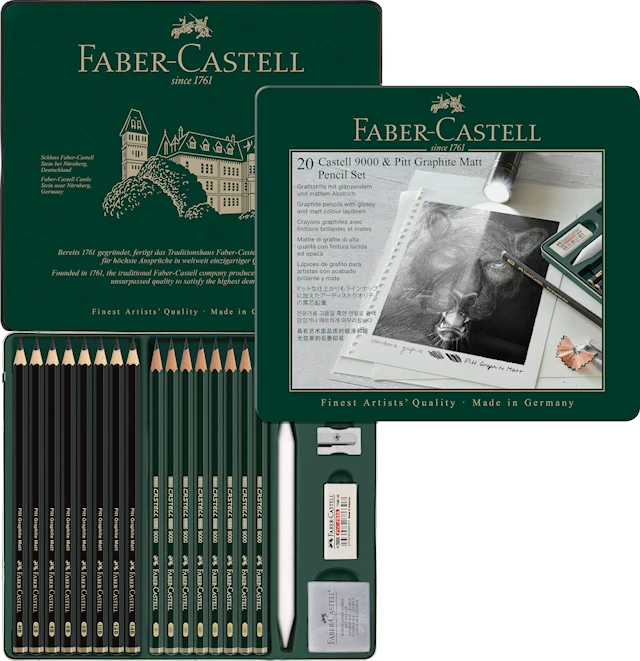 Setti Pitt Graphite Matt + Castell 9000 tarvikkeineen 20 osaa Faber Castell