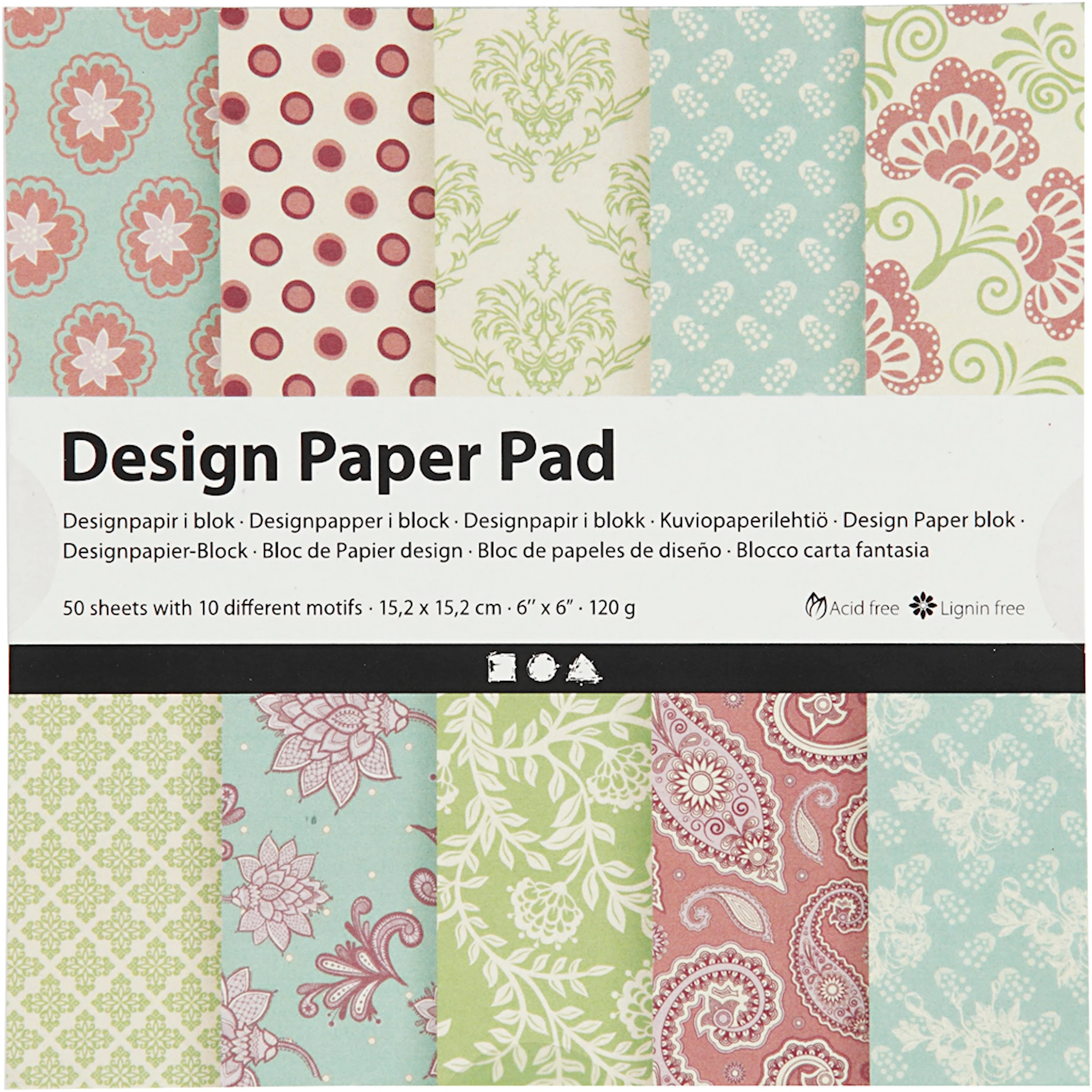 Produktbilde for Designpapir i blokk, ark 15,2x15,2 cm, 120 g, mintgrønn, lilla, 50 ark/ 1 pk.