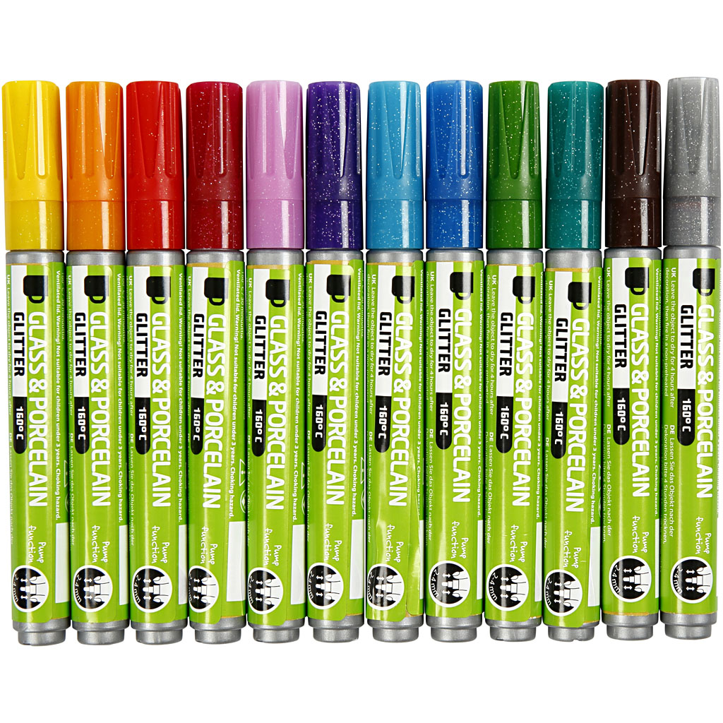 Tuschpennor Glitter Glas och Porslin 2-4 mm 12  f&auml;rger Creativ Company