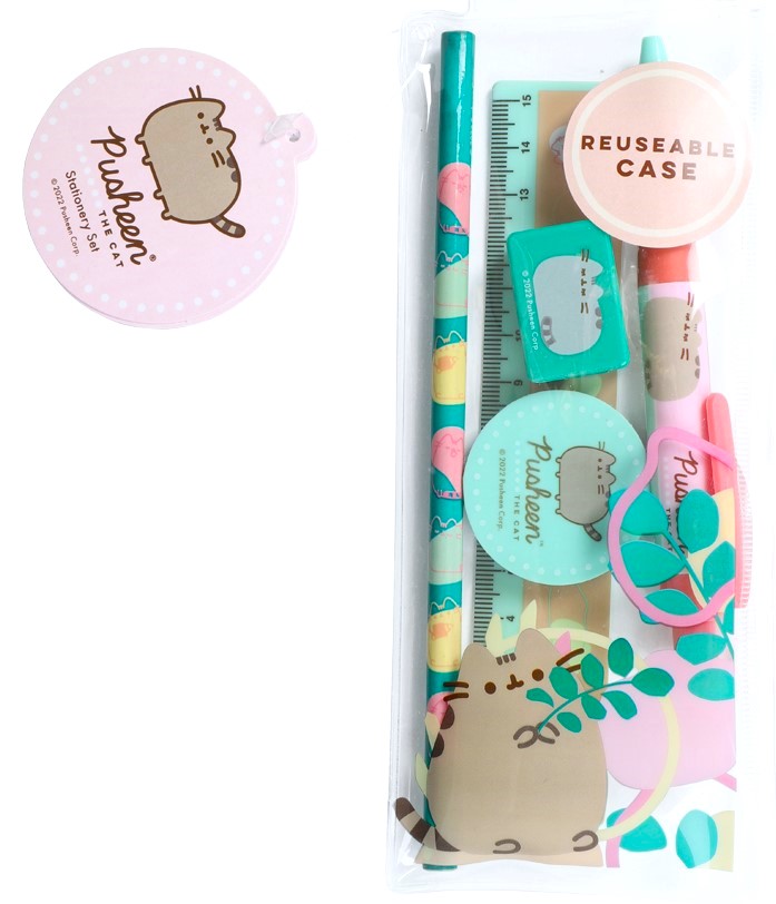 Skrivset Pusheen med penna, suddigumm v&auml;ssare och linjal 5 delar