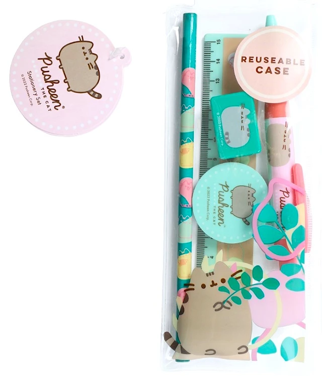 Skrivset Pusheen med penna, suddigumm vässare och linjal 5 delar
