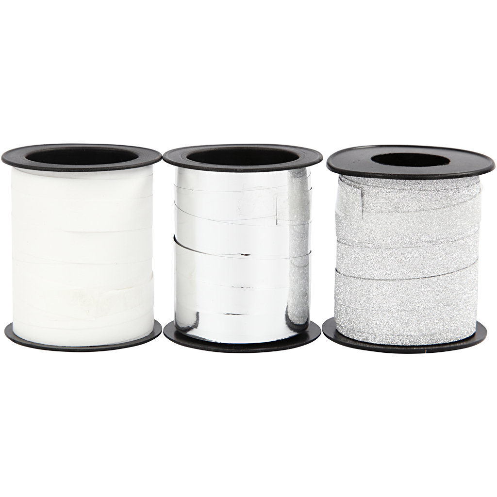 Presentsn&ouml;ren, B: 10 mm, silver, silverglitter, vit, 3x15 m/ 1 f&ouml;rp.