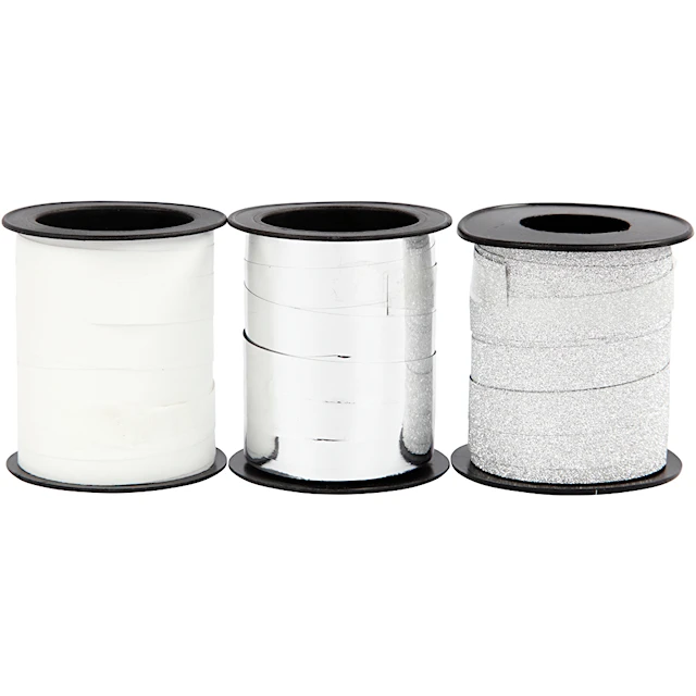 Presentsnören, B: 10 mm, silver, silverglitter, vit, 3x15 m/ 1 förp.