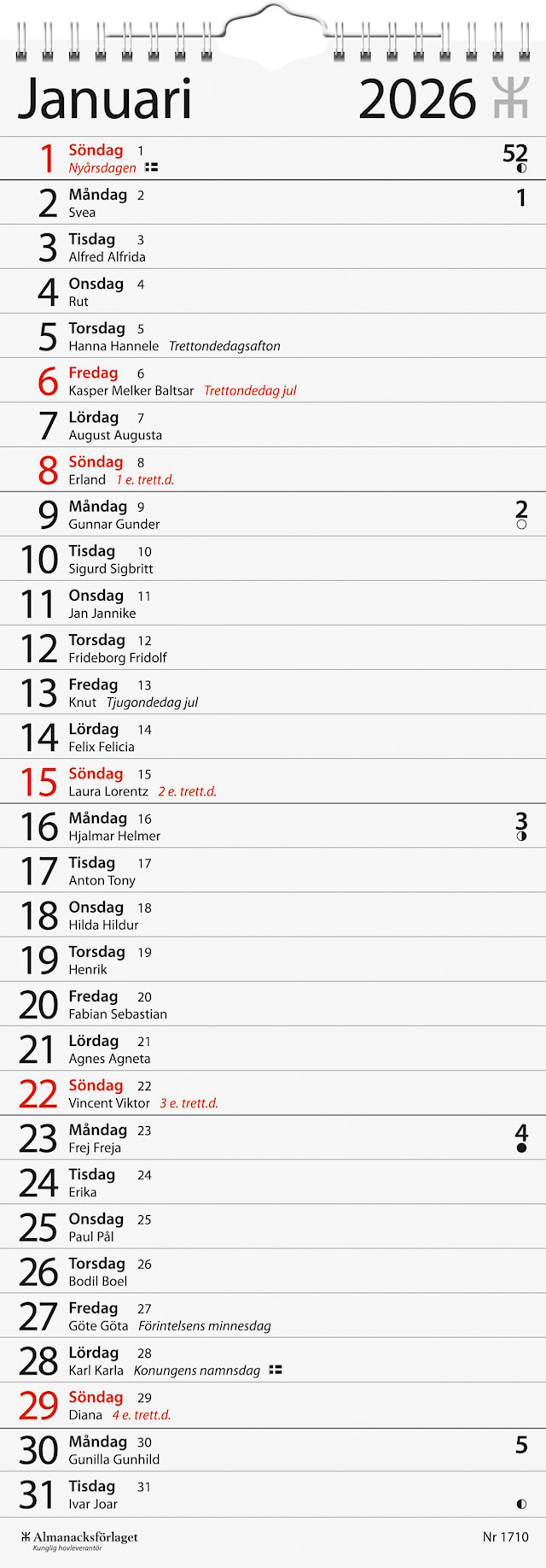Kalender Stora Väggkalendern 2026 Almanacksförlaget