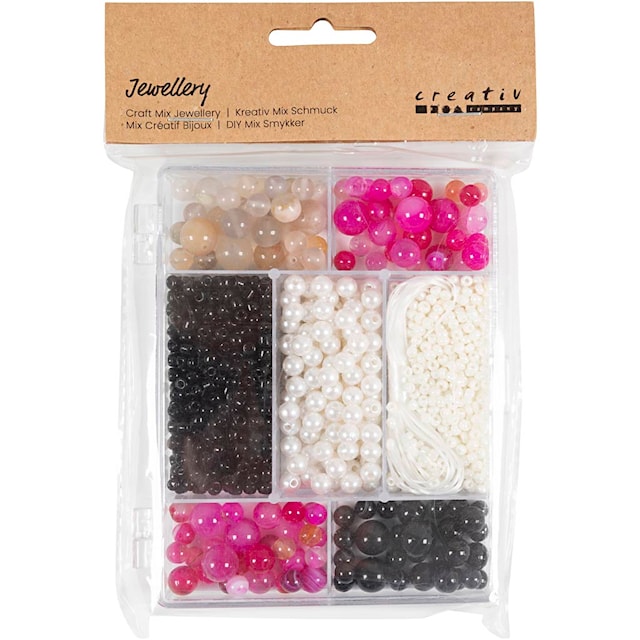 Tuotekuva 2 - Askartelupaketti Korut, Akaatit, koko 2,6-10 mm, aukon koko 0,8-1,8 mm, ca. 2740 kpl, beige, musta, pinkki, helmiäisvalk., 1 pkk/ 1 pkt