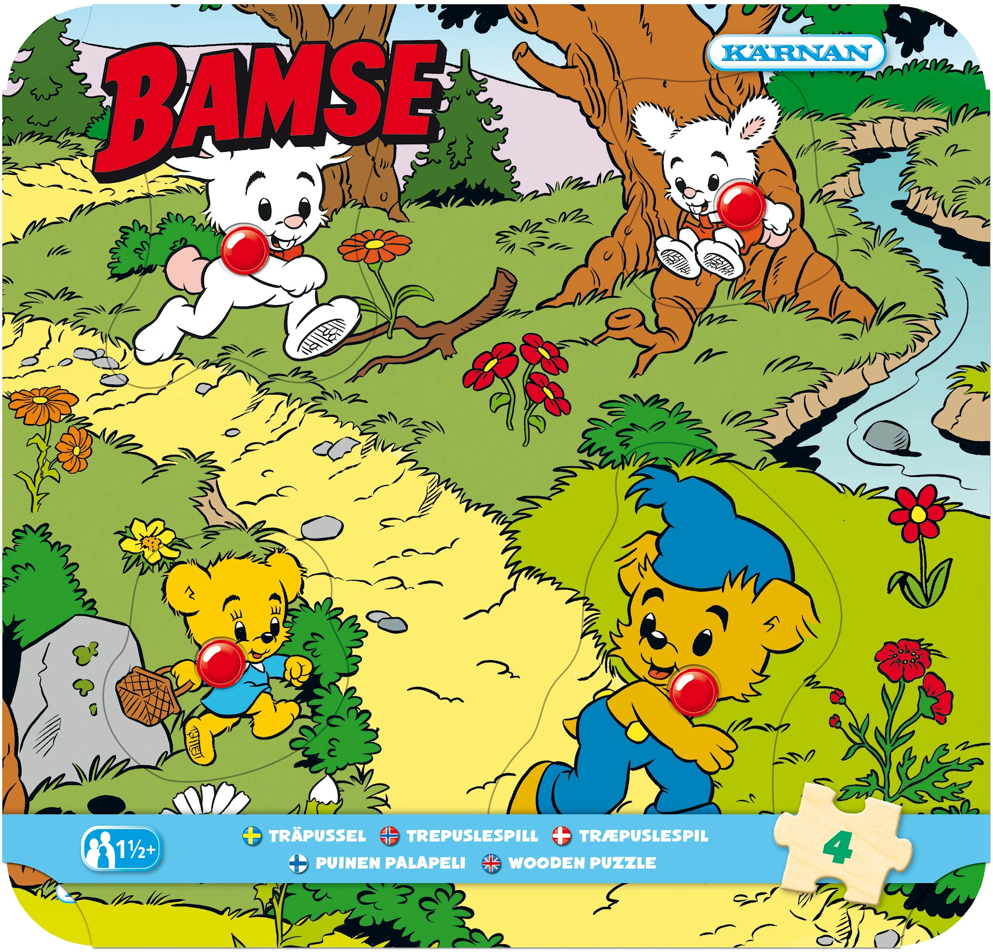 Produktbild för Bamse I Skogen Knoppussel Barnpussel Av Trä 4 Bitar Kärnan