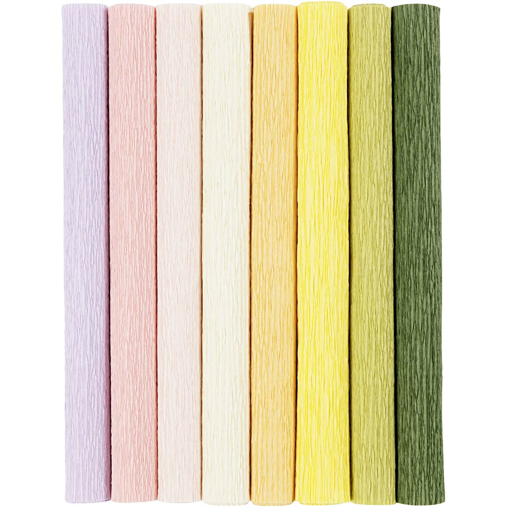 Kreppipaperi, arkki 25x60 cm, Jonka joustavuus: 180%, 105 g, pastellivärit, 8 ark/ 1 pkt