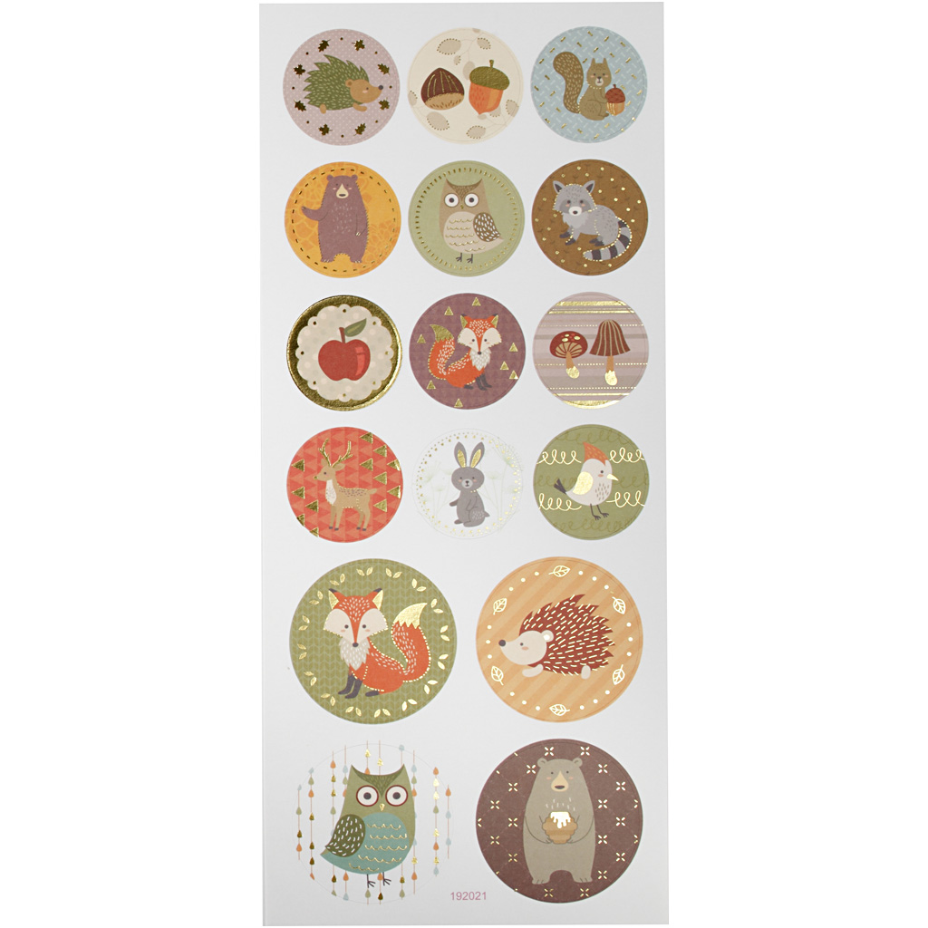 Stickers, skogsdjur, ark 10x23 cm, ca. 16 st., 1 ark