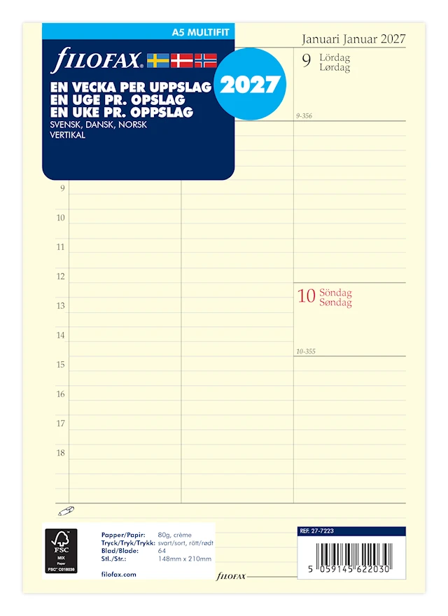 A5 Refill 2027 Vecka/Uppslag Vertikal Filofax