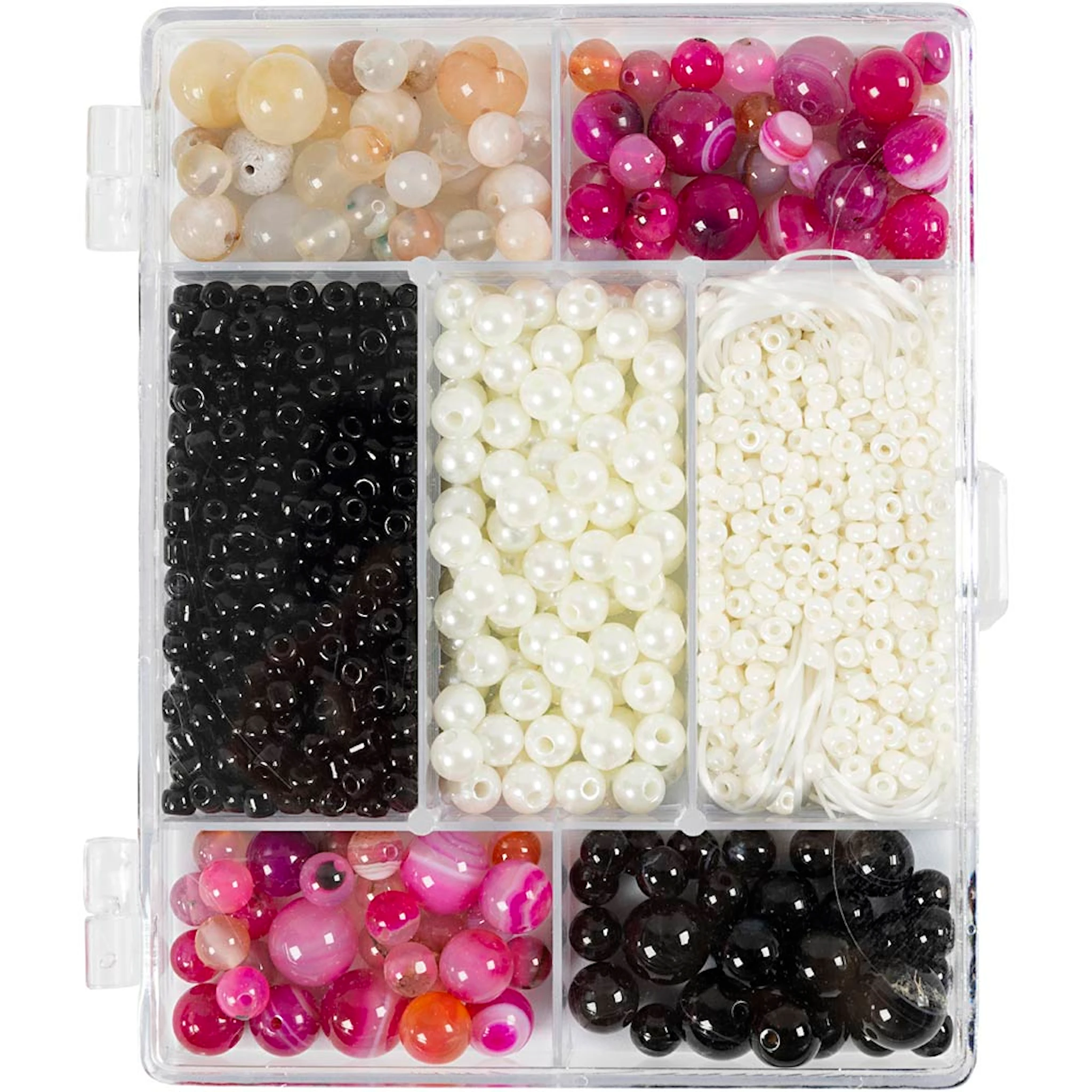 Produktbilde for DIY Mix Smykker, Agater, str. 2,6-10 mm, hullstr. 0,8-1,8 mm, ca. 2740 stk., beige, svart, pink, hvit perlemor, 1 pk.