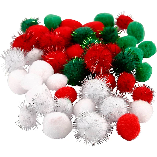 Pompom Röd, grön och vit olika storlekar 48-pack