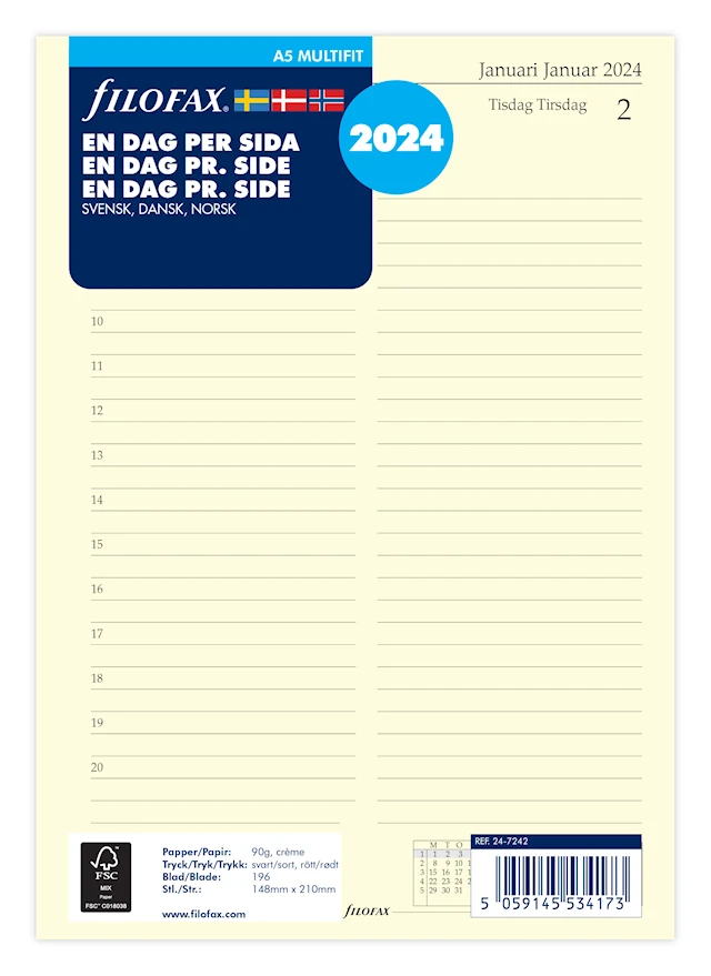 Kalendersats 2024 Dagbok A5, Dag/Sida, Filofax