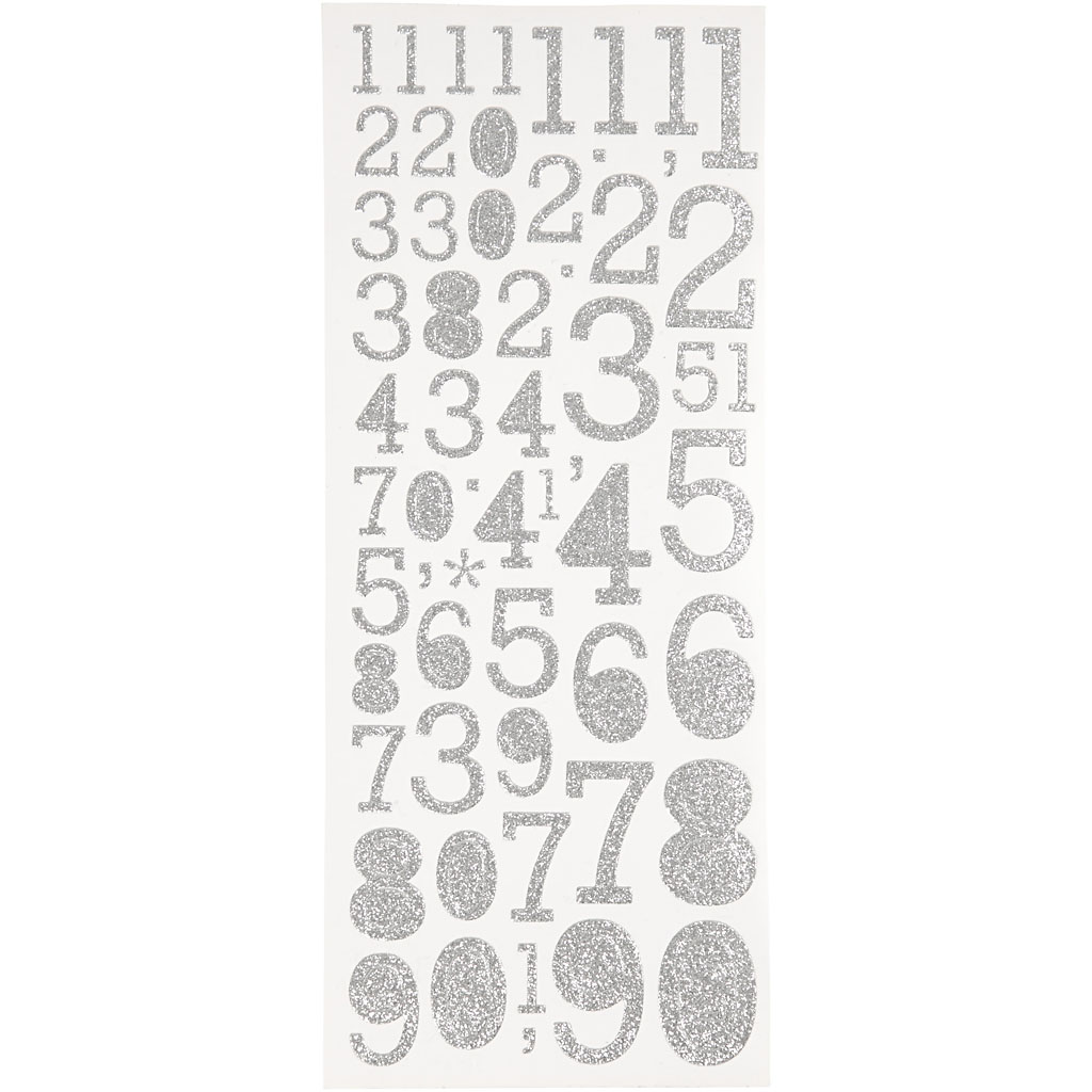Glitterstickers Siffror, 10x24 cm, 2 ark, silver