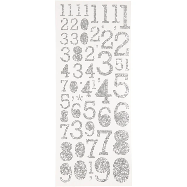 Kimalletarrat, numerot, arkki 10x24 cm, hopea, 2 ark/ 1 pkt