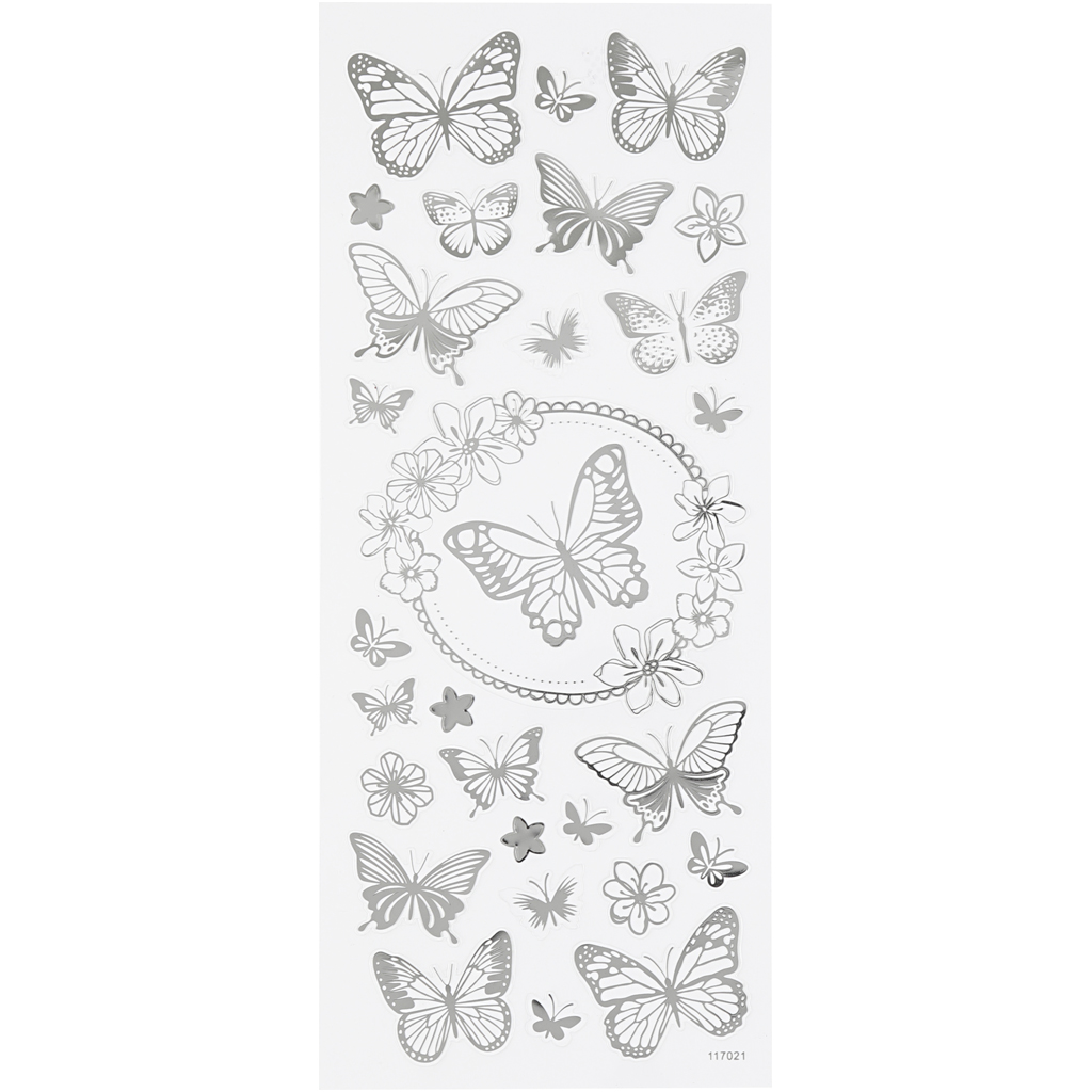 Stickers, fjäril, ark 10x24 cm, ca. 28 st., silver, 1 ark