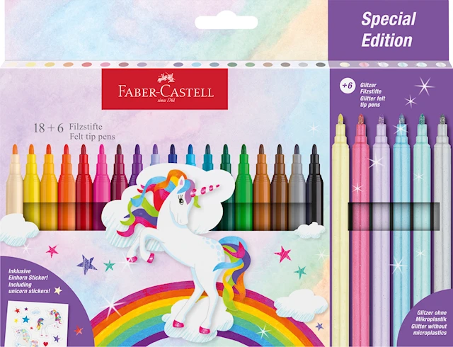 Tuschpenna Castle Unicorn 18+6 st glitterpennor Faber Castell