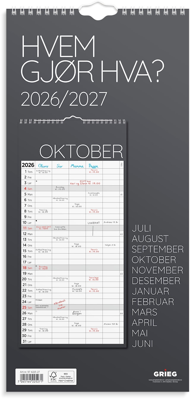 Produktbilde 1 for Veggkalender Hvem Gjør Hva 26/27 Grieg